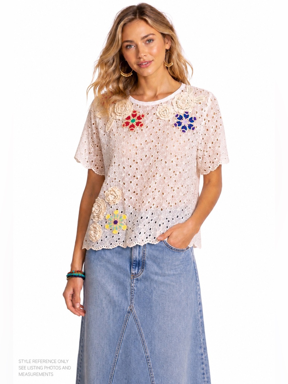 Johnny‎ Was Nydia Applique Top Natural White Eyelet Crochet Floral Boho